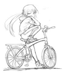 Rule 34 | 1girl, bicycle, bicycle seat, greyscale, highres, hood, hoodie, long hair, looking at viewer, monochrome, original, ponytail, shoes, simple background, sitting, sketch, sleeves rolled up, sneakers, solo, sookmo, unfinished, wheel, white background