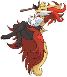 Rule 34 | 1girl, animal ear fluff, animal ears, animal feet, animal nose, arm behind head, arm up, armpits, barefoot, black fur, body fur, creatures (company), delphox, feet, female focus, fox ears, fox girl, fox tail, full body, furry, furry female, game freak, gen 6 pokemon, half-closed eyes, happy, holding, holding stick, invisible chair, legs, multicolored fur, nintendo, no nipples, no pussy, open mouth, pawpads, pokemon, pokemon (creature), red eyes, red fur, simple background, sitting, smile, snout, solo, stick, stoic5, tail, toes, white background, white fur, yellow fur