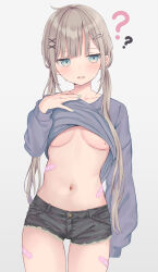 Rule 34 | 1girl, ?, absurdres, akino ell, aqua nails, bandaid, black shorts, blue eyes, breasts, clothes lift, cowboy shot, cutoffs, denim, denim shorts, embarrassed, fang, grey hair, grey shirt, hand up, highres, lifting own clothes, long hair, long sleeves, looking to the side, medium breasts, mole, mole on breast, nail polish, navel, no bra, open mouth, original, shirt, shirt lift, short shorts, shorts, simple background, solo, standing, stomach, sweatdrop, thighs, twintails, very long hair, white background
