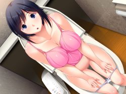 Rule 34 | 1girl, bathroom, blue eyes, blue hair, blush, breasts, censored, cleavage, from above, game cg, hanitsuma, hanitsuma append disc &ldquo;cosplay tengoku&rdquo;, large breasts, legs, looking up, matching hair/eyes, panties, panty pull, shinonome kazuhiko, sitting, solo, surprised, thighs, toilet, underwear