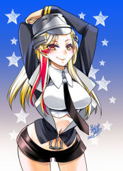 Rule 34 | 1girl, black jacket, black necktie, black shorts, blonde hair, breasts, collared shirt, crop top, dated, hair ornament, headgear, jacket, kagesaki yuna, kantai collection, large breasts, long hair, long sleeves, looking at viewer, massachusetts (kancolle), midriff, multicolored hair, necktie, red eyes, red hair, shirt, short shorts, shorts, signature, solo, star (symbol), star hair ornament, white shirt