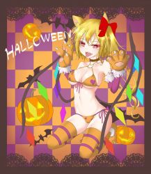 Rule 34 | 1girl, animal ears, animal hands, bat (animal), bikini, black choker, blonde hair, bow, breasts, cat ears, checkered background, choker, claw pose, cleavage, commentary, crystal, dai zu san, doily, english text, flandre scarlet, front-tie bikini top, front-tie top, fur-trimmed gloves, fur trim, gloves, hair bow, halloween, halloween costume, halterneck, highres, jack-o&#039;-lantern, kemonomimi mode, kneeling, long hair, looking to the side, medium breasts, multicolored thighhighs, navel, orange background, orange bikini, orange footwear, orange gloves, orange thighhighs, paw gloves, paw shoes, purple background, purple gloves, purple thighhighs, red bow, side-tie bikini bottom, solo, striped clothes, striped thighhighs, swimsuit, thighhighs, tongue, tongue out, touhou, wings