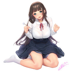 Rule 34 | 1girl, black hair, black skirt, blue eyes, blush, bra, bra visible through clothes, breasts, collared shirt, full body, hands up, high-waist skirt, highres, large breasts, long hair, long sleeves, looking at viewer, masami chie, mimikaki, no shoes, open mouth, original, red ribbon, ribbon, school uniform, see-through, shirt, shirt tucked in, signature, simple background, sitting, skirt, smile, socks, solo, straight hair, teeth, underwear, upper teeth only, white background, white shirt, white socks, yokozuwari