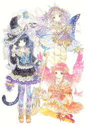 Rule 34 | 3girls, angel wings, animal ears, anklet, barefoot, bell, bird, blue bow, blue eyes, blue hair, blunt bangs, bow, braid, bridal gauntlets, broom, brown footwear, cat ears, cat tail, choker, collared dress, dress, fairy wings, flower, hair bell, hair flower, hair ornament, hair ribbon, hand on own chest, hat, hat bow, head wings, hisakata (hisa nn), holding, holding broom, jewelry, juliet sleeves, kneehighs, lace, leg ribbon, legband, light purple hair, long hair, long sleeves, medium hair, multicolored clothes, multicolored legwear, multiple girls, necklace, off-shoulder dress, off shoulder, open mouth, orange dress, original, pink eyes, pink hair, pink wings, pointy ears, puffy long sleeves, puffy sleeves, purple eyes, purple hair, ribbon, short dress, sitting, smile, socks, standing, star (symbol), tail, tiara, twin braids, twintails, very long hair, waist bow, wing ears, wings, witch, witch hat, yellow legwear