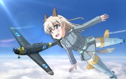 Rule 34 | 1girl, aircraft, airplane, animal ears, bad id, bad pixiv id, belt, bf 109, blue eyes, blush, cloud, day, eila ilmatar juutilainen, flying, fox ears, fox tail, long hair, military, military uniform, norayinu, pantyhose, pouch, sky, smile, solo, strike witches, striker unit, tail, uniform, white hair, white pantyhose, world war ii, world witches series