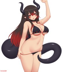 Rule 34 | 1girl, arm up, bare arms, bare shoulders, bikini, bikini pull, black bikini, black hair, breasts, cleavage, clothes pull, collar, commission, cowboy shot, demon girl, demon tail, earrings, gradient hair, hair between eyes, jewelry, kuroonehalf, long hair, looking at viewer, multicolored hair, nail polish, navel, original, parted lips, pointy ears, pulled by self, red eyes, red hair, red lips, red nails, simple background, smile, solo, stomach, straight hair, swimsuit, tail, thighs, underboob, waving, white background