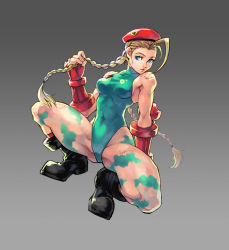 Rule 34 | 1girl, abs, ahoge, antenna hair, beret, blonde hair, blue eyes, bodypaint, boots, braid, breasts, bruise, cammy white, combat boots, fingerless gloves, full body, gloves, gradient background, grey background, hat, highres, huge ahoge, injury, kinoshita reiko, leotard, long hair, muscular, muscular female, sideboob, small breasts, solo, spread legs, squatting, street fighter, thick thighs, thighs, toned, twin braids