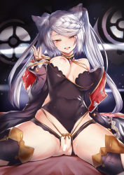 Rule 34 | 1girl, animal ears, bar censor, bare shoulders, black leotard, black thighhighs, blue robe, blush, braid, braided bangs, breasts, censored, clothing aside, covered navel, erune, fraux, granblue fantasy, highleg, highleg leotard, highres, large breasts, leotard, leotard aside, long hair, long sleeves, looking at viewer, mathiamo13, nipples, off shoulder, one breast out, open clothes, open mouth, open robe, orange eyes, pussy, robe, silver hair, smile, solo, spread legs, swept bangs, thighhighs, thighs, tongue, tongue out, twintails, unaligned breasts
