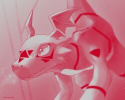 Rule 34 | artist name, blurry, digimon, digimon (creature), dilated pupils, dinosaur, fangs, from side, guilmon, monochrome, notaventura, red theme, tail, upper body