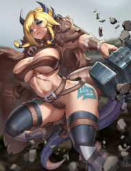 Rule 34 | 1girl, abs, bad arm, belt, black thighhighs, blonde hair, blue eyes, blurry, blurry background, braid, breasts, bridal garter, cape, dragon girl, dragon horns, dragon tail, facial tattoo, floating rock, fur cape, hammer, holding, holding hammer, holding weapon, horns, large breasts, leg tattoo, long hair, muscular, muscular female, niur, open mouth, original, scar, scar on chest, scar on stomach, shin guards, side braid, smile, solo, tail, tattoo, thighhighs, weapon