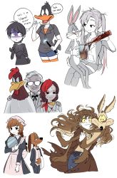 Rule 34 | 5girls, 6+boys, animal ears, beak, beer mug, beige hair, beige shirt, belt, bird, black hair, blue pants, blue shorts, bottle, bow, bowtie, braid, breasts, brown coat, brown hair, bugs bunny, rabbit, butler, carrying, character request, chicken, closed mouth, coat, collared shirt, colonel sanders, colored sclera, cosplay, coyote, crazy eyes, cropped legs, cropped legs, cropped torso, cup, daffy duck, dog, dual persona, duck, english text, eye contact, facial hair, facing viewer, foghorn leghorn, genderswap, genderswap (mtf), glasses, gloom (expression), gloves, goatee, gradient hair, grey hair, hand on another&#039;s shoulder, hat, head swap, highres, himuhino, humanization, kfc, legs together, long hair, looking at another, looking at viewer, looney tunes, maid, mob cap, mug, multicolored hair, multiple boys, multiple girls, mustache, old, old man, opaque glasses, orange legwear, pale skin, pants, pouring, princess carry, rabbit ears, real life, red hair, rooster, scared, shaded face, shirt, short hair, shorts, simple background, sitting, sitting on lap, sitting on person, small breasts, smile, speech bubble, standing, streaked hair, sweat, sweatdrop, nervous sweating, tagme, thighhighs, thought bubble, torn clothes, torn coat, torn pants, tray, twin braids, twintails, two-tone hair, wand, white background, white gloves, white shirt, wile e coyote, yellow eyes, yellow sclera
