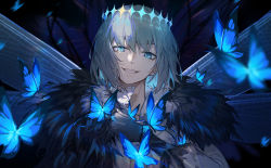 Rule 34 | 1boy, absurdres, alternate hair color, arthropod boy, black hair, blue butterfly, blue eyes, bug, butterfly, cloak, collared shirt, commentary request, crown, diamond hairband, fate/grand order, fate (series), fur-trimmed cloak, fur collar, fur trim, highres, insect, insect wings, kotatsu kaya, long sleeves, looking at viewer, male focus, medium hair, oberon (fate), oberon (third ascension) (fate), official alternate costume, shirt, smile, solo, spoilers, teeth, upper body, white shirt, wings