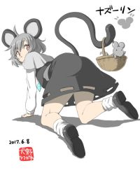 Rule 34 | 1girl, ahoge, all fours, animal ears, ass, basket, black footwear, capelet, character name, dated, from behind, grey hair, grey skirt, grey vest, holding, holding with tail, inuno rakugaki, jewelry, long sleeves, looking at viewer, looking back, mouse (animal), mouse ears, mouse tail, nazrin, orange eyes, pendant, prehensile tail, shirt, shoe soles, shoes, short hair, skirt, solo, surprised, tail, touhou, vest, white background, white legwear, white shirt