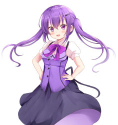 Rule 34 | 1girl, :d, black skirt, blush, bow, bowtie, collared shirt, dress shirt, floating hair, gochuumon wa usagi desu ka?, hair between eyes, hair ornament, hairclip, hands on own hips, long hair, looking at viewer, medium skirt, open mouth, purple bow, purple bowtie, purple eyes, purple hair, purple vest, rabbit house uniform, rikopin, shirt, short sleeves, simple background, skirt, smile, solo, standing, tedeza rize, twintails, very long hair, vest, white background, white shirt, wing collar