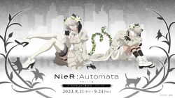 Rule 34 | 1boy, 1girl, absurdres, animal ears, black gloves, blindfold, boots, cat ears, cat tail, claws, fake animal ears, fake tail, garter straps, gloves, grey hair, high heel boots, high heels, highres, nier:automata, nier (series), official alternate costume, official art, short hair, shorts, sitting, tail, thigh boots, thighhighs, white blindfold, 2b (nier:automata), 9s (nier:automata)
