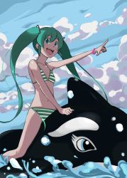 Rule 34 | 1girl, :d, bikini, day, green eyes, green hair, hatsune miku, highres, jas (annkoromochi), long hair, matching hair/eyes, navel, open mouth, pointing, riding, smile, solo, striped bikini, striped clothes, swimsuit, twintails, vocaloid, whale