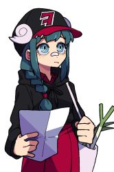 Rule 34 | 1girl, aqua hair, bag, bandaid, bandaid on face, bandaid on nose, baseball cap, black hat, black hoodie, blue eyes, blush, braid, character request, closed mouth, collared shirt, copyright request, cowboy shot, drawstring, gomulgong, hair tie, hat, hat ornament, highres, holding, holding paper, holding strap, hood, hood down, hoodie, logo, long hair, long sleeves, looking ahead, low-tied long hair, paper, pink shirt, pink skirt, purple bag, shirt, shoulder bag, sidelocks, single braid, skirt, solo, spring onion, twin braids