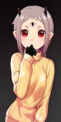 Rule 34 | 1girl, black gloves, borrowed character, female focus, gloves, hand to own mouth, highres, horns, imizu futoshi, looking at viewer, medium hair, original, pointy ears, purple hair, red eyes, ribbed sweater, solo, sweater, third eye, turtleneck, turtleneck sweater, yellow sweater