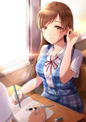 Rule 34 | 1boy, 1girl, adjusting hair, belt, belt buckle, blue skirt, blue vest, blush, book, breasts, buckle, chair, classroom, closed mouth, collarbone, collared shirt, commentary request, day, desk, dress shirt, eraser, gen (enji), hand up, highres, holding, holding pen, idolmaster, idolmaster cinderella girls, indoors, lens flare, long hair, looking at viewer, math, medium breasts, neck ribbon, nitta minami, on chair, open book, out of frame, pen, pink lips, plaid, plaid skirt, plaid vest, red ribbon, ribbon, school chair, school desk, school uniform, shirt, short sleeves, sitting, skirt, smile, solo focus, straight hair, sunlight, swept bangs, vest, white shirt, window, wing collar, yellow eyes