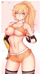 Rule 34 | 1girl, amputee, bare shoulders, black gloves, black thighhighs, blonde hair, bluefield, blush, breasts, cameltoe, cleavage, cleft of venus, fingerless gloves, gloves, hand on own hip, highres, long hair, navel, nipples, ponytail, prosthesis, purple eyes, rwby, shorts, solo, sweat, thighhighs, yang xiao long