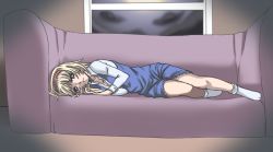 Rule 34 | 1girl, alice margatroid, blonde hair, blue eyes, couch, female focus, frown, haruichi (komikal), legs, lying, on side, open clothes, open shirt, shirt, short hair, socks, solo, touhou