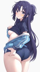 Rule 34 | 1girl, absurdres, ass, black buruma, black shirt, blue archive, blush, breasts, buruma, cowboy shot, facial mark, highres, long hair, looking at viewer, medium breasts, no bra, no halo, official alternate costume, open mouth, ponytail, purple eyes, purple hair, shirt, simple background, solo, star (symbol), white background, yuuka (blue archive), yuuka (track) (blue archive), zeatto