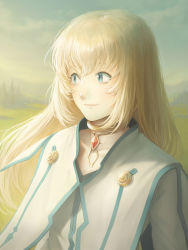 Rule 34 | 1girl, blonde hair, blue eyes, cloud, cloudy sky, colette brunel, grass, highres, jewelry, kazuko (towa), long hair, looking to the side, necklace, robe, sky, smile, tales of (series), tales of symphonia, tree, white robe