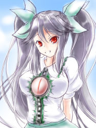 Rule 34 | 1girl, :d, alternate hairstyle, arms behind back, black hair, breasts, female focus, hair ribbon, large breasts, long hair, looking at viewer, negamaro, open mouth, red eyes, reiuji utsuho, ribbon, shirt, skirt, smile, solo, third eye, touhou, twintails, very long hair