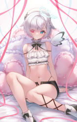 Rule 34 | 1girl, absurdres, amemiya nazuna, amemiya nazuna (1st costume), angel, angel wings, bare shoulders, black bow, black bowtie, black footwear, black shorts, blue eyes, bow, bowtie, braid, breasts, cleavage, clothing cutout, crop top, detached wings, eyes visible through hair, feet out of frame, frilled pillow, frills, halo, hat, heart, heart-shaped pillow, heterochromia, highres, ijac ray, looking at viewer, navel, open fly, parted lips, pillow, pink eyes, pink ribbon, ribbon, shirt, shoes, short hair, short shorts, shorts, single wing, sitting, sleeveless, sleeveless shirt, socks, solo, stomach, thigh strap, virtual youtuber, vshojo, white hair, white hat, white shirt, white socks, wings