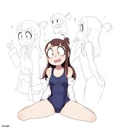 Rule 34 | 1girl, absurdres, artist name, bad id, bad pixiv id, breasts, brown hair, full body, highres, jacket, jacket partially removed, kagari atsuko, little witch academia, long hair, m legs, medium breasts, on floor, once 11h, open mouth, red eyes, school swimsuit, simple background, sitting, solo, spread legs, swimsuit, teeth, upper teeth only, white background, white jacket
