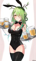 Rule 34 | 1girl, alternate costume, animal ears, antlers, beer mug, black bow, black bowtie, black leotard, black thighhighs, bow, bowtie, branch, breasts, ceres fauna, cowboy shot, cup, detached collar, fake animal ears, flower, foam, green hair, hair flower, hair ornament, highres, holding, holding tray, hololive, hololive english, horns, kotodekun, large breasts, leaf, leotard, looking at viewer, mug, one eye closed, playboy bunny, rabbit ears, rabbit tail, solo, tail, thighhighs, thighs, tray, virtual youtuber, yellow eyes