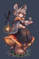 Rule 34 | 1girl, ahoge, animal, animal ears, animal on hand, black dress, blue cape, blush, boots, broom, brown footwear, cape, dress, full body, grey background, grey hair, highres, jewelry, lantern, long sleeves, looking at viewer, mame komari, mouse (animal), mouse ears, mouse tail, nazrin, open mouth, pendant, red eyes, short hair, signature, simple background, smile, solo, tail, thick eyebrows, touhou, twitter username