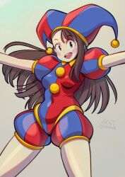 Rule 34 | 1girl, absurdres, artist name, blue hat, blush, breasts, brown hair, cloudxmoe, commentary, cosplay, covered navel, english commentary, english text, feet out of frame, hat, hat bell, highres, jester cap, kagari atsuko, little witch academia, long hair, looking at viewer, medium breasts, open mouth, pomni (the amazing digital circus), pomni (the amazing digital circus) (cosplay), red eyes, red hat, simple background, solo, striped clothes, striped headwear, the amazing digital circus, vertical-striped clothes, vertical-striped headwear