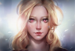 Rule 34 | 1girl, absurdres, blonde hair, commentary, highres, lens flare, lips, long hair, nose, original, parted lips, pink eyes, portrait, red lips, sariya asavametha, signature, solo