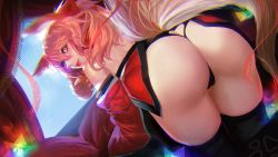 Rule 34 | 1girl, animal ears, animal hands, ass, bare shoulders, black panties, blush, bow, curtains, detached sleeves, fate/grand order, fate (series), fox ears, fox tail, gloves, hair between eyes, hair bow, highres, japanese clothes, kimono, long hair, looking at viewer, looking back, off shoulder, panties, parted lips, paw gloves, pink hair, ponytail, red kimono, saint quartz (fate), sash, short kimono, smile, solo, tail, tamamo (fate), tamamo cat (fate), tamamo cat (first ascension) (fate), thighs, tianlluo, underwear, yellow eyes