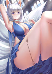 Rule 34 | 1girl, absurdres, animal ear fluff, animal ears, arm up, armpits, ass, azur lane, blue dress, blue eyes, blue panties, breasts, center opening, cleavage, cocktail dress, day, dress, error1945, evening gown, feet out of frame, fox girl, from below, gem, green gemstone, halter dress, halterneck, highres, indoors, kaga (azur lane), kaga (exalted white wings) (azur lane), kitsune, large breasts, large tail, looking at viewer, looking down, multiple tails, official alternate costume, panties, short hair, sitting, sleeveless, sleeveless dress, solo, tail, underwear, white hair, white tail