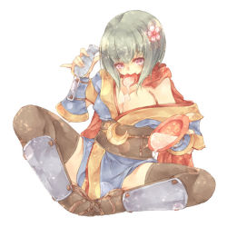 Rule 34 | 1girl, alcohol, armor, between breasts, black sash, black thighhighs, blue kimono, bottle, breasts, commentary request, crescent, crescent pin, cup, feet out of frame, flower, greaves, green hair, hair flower, hair ornament, holding, japanese clothes, kimono, large breasts, looking at viewer, lunaraven, mouth hold, ninja (ragnarok online), obi, off shoulder, pink eyes, pink flower, ragnarok online, red scarf, sakazuki, sake, sake bottle, sandals, sash, scarf, short hair, simple background, sitting, solo, spilling, thighhighs, white background