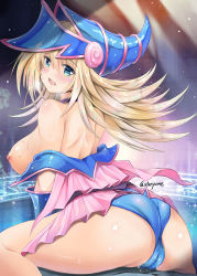 Rule 34 | 1girl, artist name, ass, bare shoulders, blonde hair, blue eyes, blue panties, blush, breasts, cameltoe, cleft of venus, commentary request, dark magician girl, duel monster, from behind, green eyes, hair between eyes, hat, large breasts, long hair, looking at viewer, nipples, off shoulder, open mouth, panties, pussy juice, solo, staryume, underwear, wet, wizard hat, yu-gi-oh!
