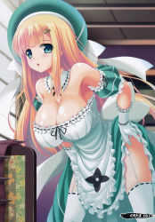 Rule 34 | 10s, 1girl, :o, absurdres, apron, armpits, artist name, bare shoulders, blonde hair, blush, breasts, ceiling, chestnut mouth, cleavage, clothes lift, cowboy shot, detached collar, dress, dress lift, frilled apron, frilled dress, frills, from below, garter belt, garter straps, gloves, green dress, green eyes, green hat, hat, highres, indoors, large breasts, leaning forward, lifted by self, long hair, looking at viewer, no bra, noritama (gozen), panties, parted lips, ribbon-trimmed clothes, ribbon-trimmed collar, ribbon-trimmed gloves, ribbon-trimmed legwear, ribbon trim, self exposure, senran kagura, shiny skin, solo, standing, thighhighs, translated, underwear, very long hair, waist apron, white apron, white gloves, white panties, white thighhighs, yomi (senran kagura)