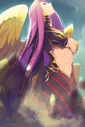 Rule 34 | 1girl, blue sky, breasts, dust, echo (circa), fate/grand order, fate (series), forehead, gorgon (fate), large breasts, long hair, looking up, medusa (fate), medusa (rider) (fate), navel, parted bangs, parted lips, purple eyes, purple hair, rider, scales, sky, solo, very long hair, wings
