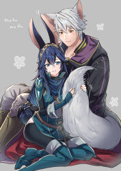 Rule 34 | 1boy, 1girl, ameno (a meno0), animal ears, armor, black pants, black robe, black sweater, blue cape, blue eyes, blue footwear, blue gloves, blue hair, blush, boots, brown eyes, cape, closed mouth, commentary request, dress, fingerless gloves, fire emblem, fire emblem awakening, gloves, grey background, hair between eyes, hood, hood down, hooded robe, kemonomimi mode, long hair, long sleeves, lucina (fire emblem), nintendo, pants, pauldrons, rabbit ears, rabbit tail, red cape, ribbed dress, robe, robin (fire emblem), robin (male) (fire emblem), short hair, shoulder armor, simple background, sitting, smile, sweater, tail, tiara, touching tail, turtleneck, turtleneck sweater, two-tone cape, white hair, white pants, wolf ears, wolf tail