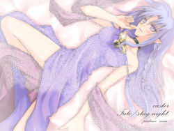 Rule 34 | 00s, 1girl, bare arms, bare legs, bare shoulders, blue eyes, blue hair, dress, dutch angle, fate/hollow ataraxia, fate/stay night, fate (series), feet out of frame, female focus, from above, looking at viewer, lying, medea (fate), nina (pastime), on back, pointy ears, purple dress, solo, wallpaper
