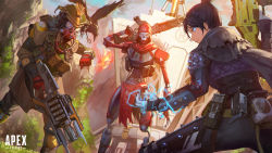 Rule 34 | 1boy, 1girl, 1other, animification, apex legends, bird, black hair, bloodhound (apex legends), blue eyes, bodysuit, charge rifle, classic revenant, clenched hand, copyright name, crow, electricity, explosion, game cg, gloves, glowing, glowing eye, glowing eyes, grey gloves, gun, hair behind ear, hair bun, highres, holding, holding gun, holding weapon, humanoid robot, in-universe location, logo, looking back, looking down, mask, open hand, red gloves, revenant (apex legends), robot, single hair bun, weapon, wraith (apex legends), yellow eyes, zonotaida