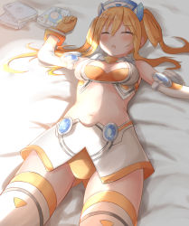 Rule 34 | 1girl, bare shoulders, blush, breasts, cleavage cutout, clothing cutout, commentary request, cowboy shot, crop top, double bun, elbow gloves, game console, gloves, hair between eyes, hair bun, hands up, highres, long hair, lying, medium breasts, midriff, navel, neptune (series), on back, on bed, open mouth, orange hair, orange heart (neptunia), orange panties, outstretched arm, panties, ray 726, sega dreamcast, shin jigen game neptune vii, skindentation, skirt, sleeping, sleeveless, solo, thighs, twintails, umio (neptunia), underwear, upskirt, white legwear, white skirt