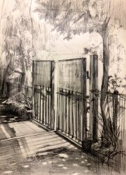 Rule 34 | day, fence, gate, greyscale, highres, iron fence, monochrome, no humans, original, painting (medium), scenery, shadow, sunlight, tlctm7h8wdwnthx, traditional media, tree, watercolor (medium)