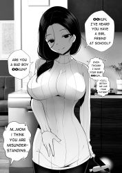Rule 34 | 1girl, black eyes, black hair, empty eyes, english text, highres, incest, knife, looking at viewer, mature female, meow7tail, mother and son, original, sweater, tagme, yandere