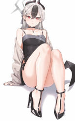 Rule 34 | 1girl, bare legs, bare shoulders, black choker, black dress, black footwear, black hair, black horns, blue archive, blush, breasts, cardigan, choker, closed mouth, demon horns, demon wings, dress, ear piercing, fangxiang cuoluan, grey cardigan, grey halo, grey jacket, hair between eyes, halo, high heels, highres, horns, jacket, kayoko (blue archive), kayoko (dress) (blue archive), long hair, long sleeves, looking at viewer, medium breasts, mole, mole on collarbone, mole on neck, multicolored hair, official alternate costume, open clothes, piercing, red eyes, simple background, single wing, sitting, solo, studded choker, white background, white hair, wings