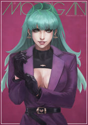 Rule 34 | 1girl, absurdres, alternate costume, bat earrings, belt, belt buckle, black belt, black gloves, blunt bangs, breasts, buckle, center opening, cleavage, commentary, cover, earrings, english commentary, fake magazine cover, formal, glove pull, gloves, green eyes, green hair, highres, jacket, jewelry, large breasts, leather, leather gloves, long hair, looking to the side, magazine cover, makeup, mascara, monori rogue, morrigan aensland, no bra, purple background, purple jacket, purple suit, revealing clothes, solo, suit, thick eyebrows, upper body, vampire (game)
