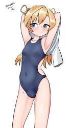 Rule 34 | 1girl, absurdres, abukuma (kancolle), arms behind head, black one-piece swimsuit, blonde hair, blue eyes, breasts, competition swimsuit, covered navel, dated, double bun, facing viewer, feet out of frame, hair bun, hair rings, highres, kantai collection, long hair, maru (marg0613), one-hour drawing challenge, one-piece swimsuit, shirt, unworn shirt, sideways glance, simple background, small breasts, solo, standing, swimsuit, twitter username, white background, white shirt