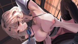 Rule 34 | 1boy, 1girl, bare shoulders, black thighhighs, blonde hair, blush, breasts, cleavage, closed mouth, collarbone, commander (nikke), cowgirl position, girl on top, goddess of victory: nikke, grabbing, grabbing another&#039;s breast, hair ornament, hetero, indoors, lam5050, large breasts, long hair, ludmilla (nikke), ludmilla (winter owner) (nikke), mica (nikke), mica (snow buddy) (nikke), nipples, official alternate costume, orange eyes, parted lips, sex, smile, solo focus, straddling, sweat, thighhighs, thighs, vaginal